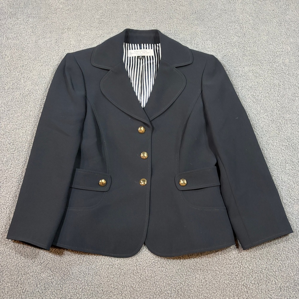 Tahari Blazer Womens 4P Black Arthur S Levine Petite Gold Button Lined Jacket